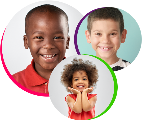 three circle portraits of smiling children